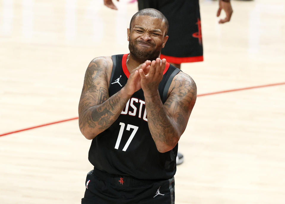 PORTLAND, OREGON - DECEMBER 26: P.J. Tucker #17 of the Houston Rockets reacts after he is called for a foul against the Portland Trail Blazers during the third quarter at Moda Center on December 26, 2020 in Portland, Oregon. NOTE TO USER: User expressly acknowledges and agrees that, by downloading and/or using this photograph, user is consenting to the terms and conditions of the Getty Images License Agreement. 