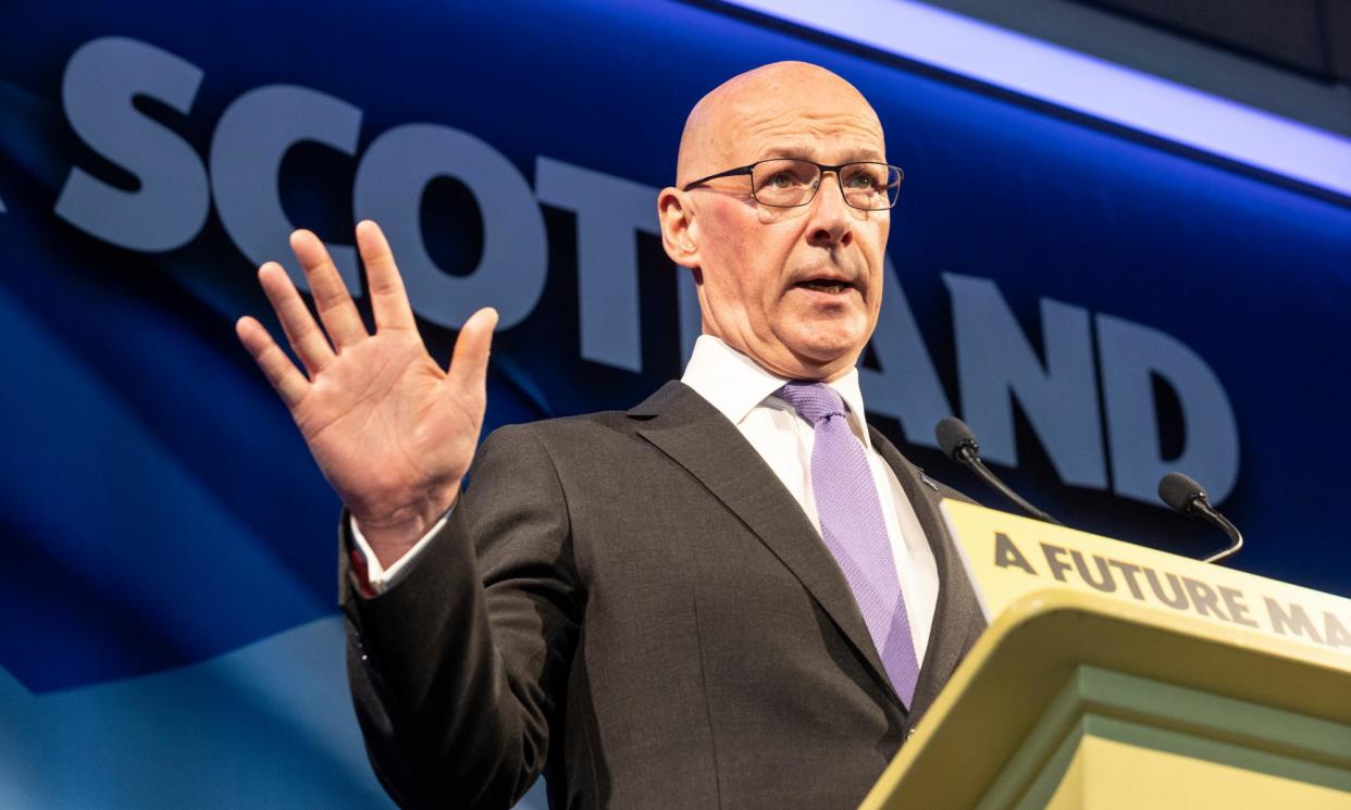<span>John Swinney launched the SNP Westminster election manifesto in Edinburgh on Wednesday.</span><span>Photograph: Murdo MacLeod/The Guardian</span>