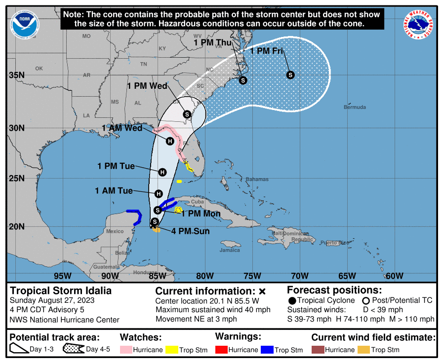 The 5 p.m. advisory includes a hurricane watch and storm surge watch for a large portion of North Florida and the peninsula.