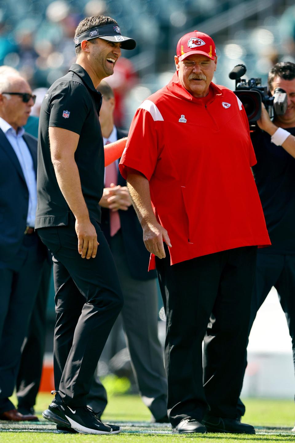 Head coach Nick Sirianni of the Philadelphia Eagles and head coach Andy Reid of the Kansas City Chiefs talk during pregame at Lincoln Financial Field on Oct. 3, 2021 in Philadelphia.