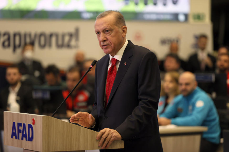 ANKARA, TURKIYE - FEBRUARY 14: Turkish President Recep Tayyip Erdogan makes statements atAFAD headquarters in Ankara, Turkiye on February 14, 2023.<span class="copyright">Halil Sagirkaya—Anadolu Agency/Getty Images</span>