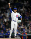 Chicago Cubs starting pitcher Marcus Stroman stretches his pitching arm during the eighth inning of the team's baseball game against the New York Mets on Wednesday, May 24, 2023, in Chicago. (AP Photo/Charles Rex Arbogast)