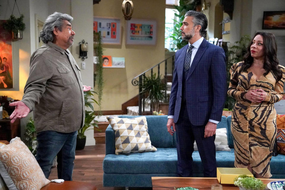 From left, George Lopez as George, Jaime Camil as Josué, Selenis Leyva as Rosie in episode 205 