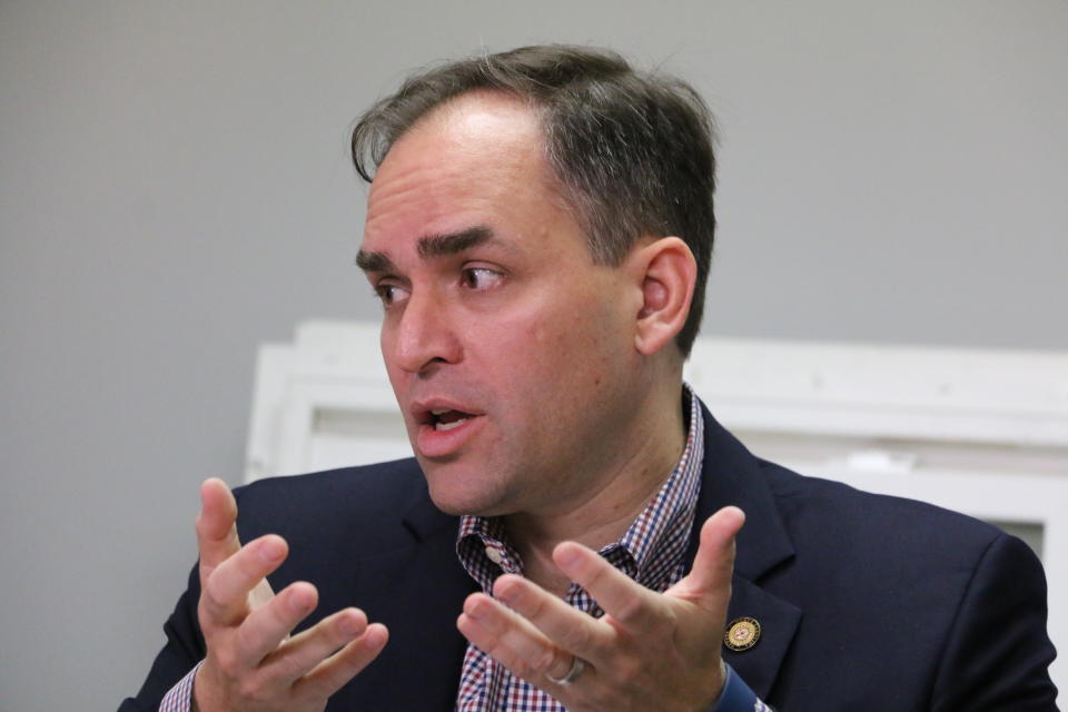 North Carolina Congressional candidate Wiley Nickel, a Democratic state senator, hosts a roundtable discussion with affordable housing experts in Raleigh, N.C. on Oct. 3, 2022. (AP Photo/Hannah Schoenbaum)