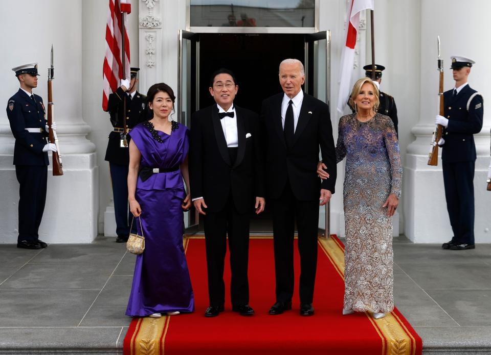  President Joe Biden and first lady Jill Biden welcome Japanese Prime Minister Fumio Kishida and his wife Yuko Kishida to the White House for a state dinner on April 10, 2024 in Washington, DC. 