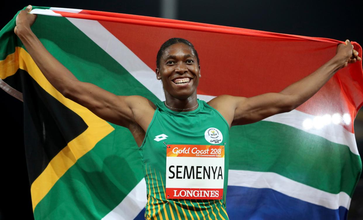 FILE - In this April 13, 2018, file photo, South Africa's Caster Semenya celebrates after winning the woman's 800m final at Carrara Stadium during the 2018 Commonwealth Games on the Gold Coast, Australia. 