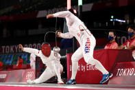 <p> Xiaonan Zhang of Team China and Sunwoo Kim of Team South Korea compete during the Fencing Ranked Round of the Women's Modern Pentathlon on day thirteen of the Tokyo 2020 Olympic Games at Musashino Forest Sport Plaza on August 05, 2021 in Chofu, Japan. (Photo by Leon Neal/Getty Images)</p> 