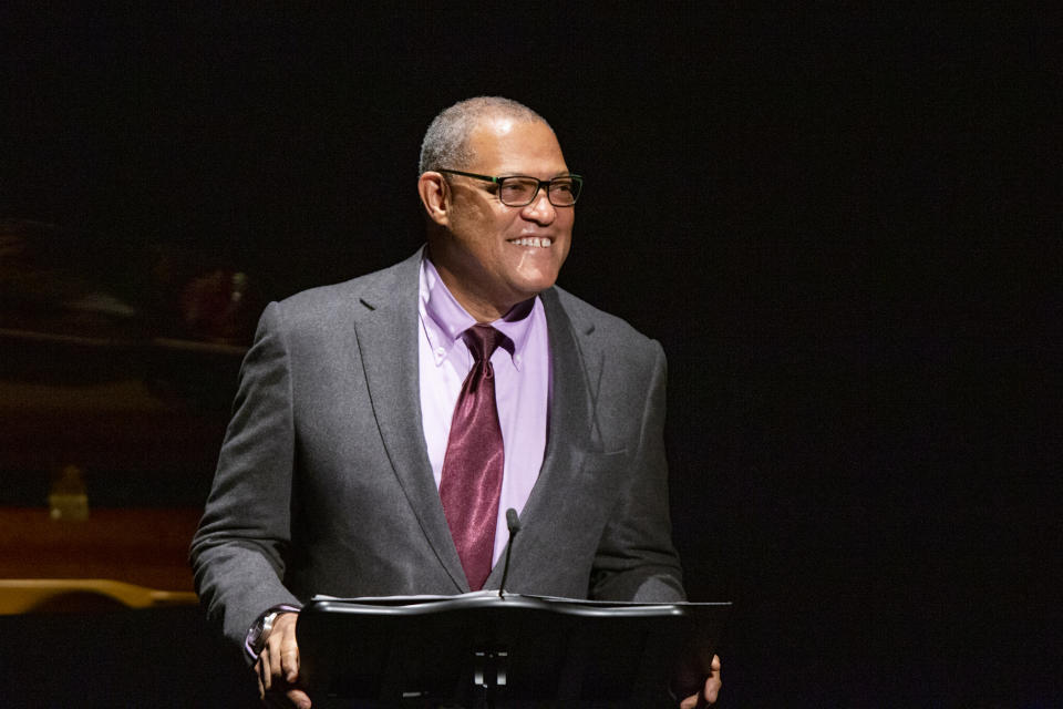 Laurence Fishburne speaks to attendees during the memorial of late actress Diahann Carroll at the Helen Hayes Theater on Sunday, Nov. 24, 2019 in New York. (AP Photo/Eduardo Munoz Alvarez)