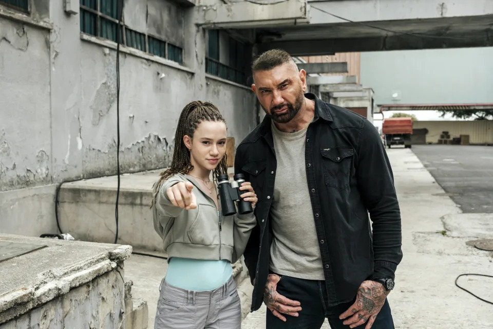 Chloe Coleman and Dave Bautista on the set of My Spy The Eternal City (GGraham Bartholomew/Prime)