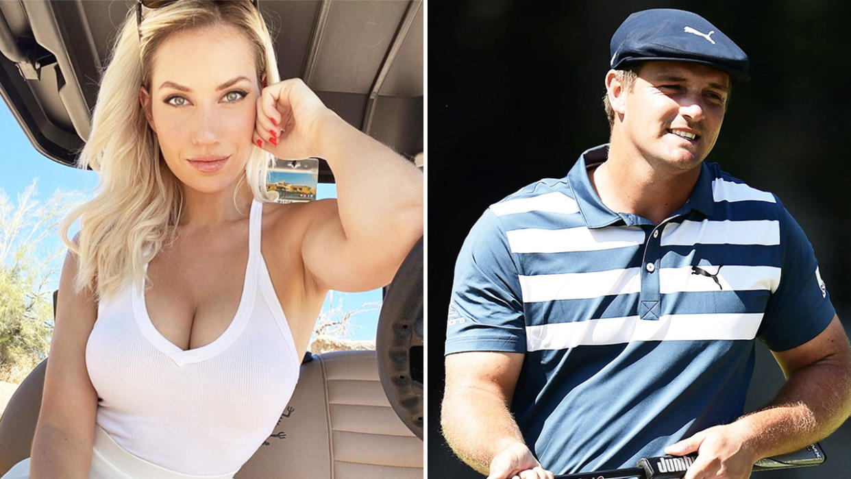 Instagram golfing sensation Paige Spiranac (pictured left) posing in a golf cart and golfer Bryson DeChambeau (pictured right) smiling after a shot.