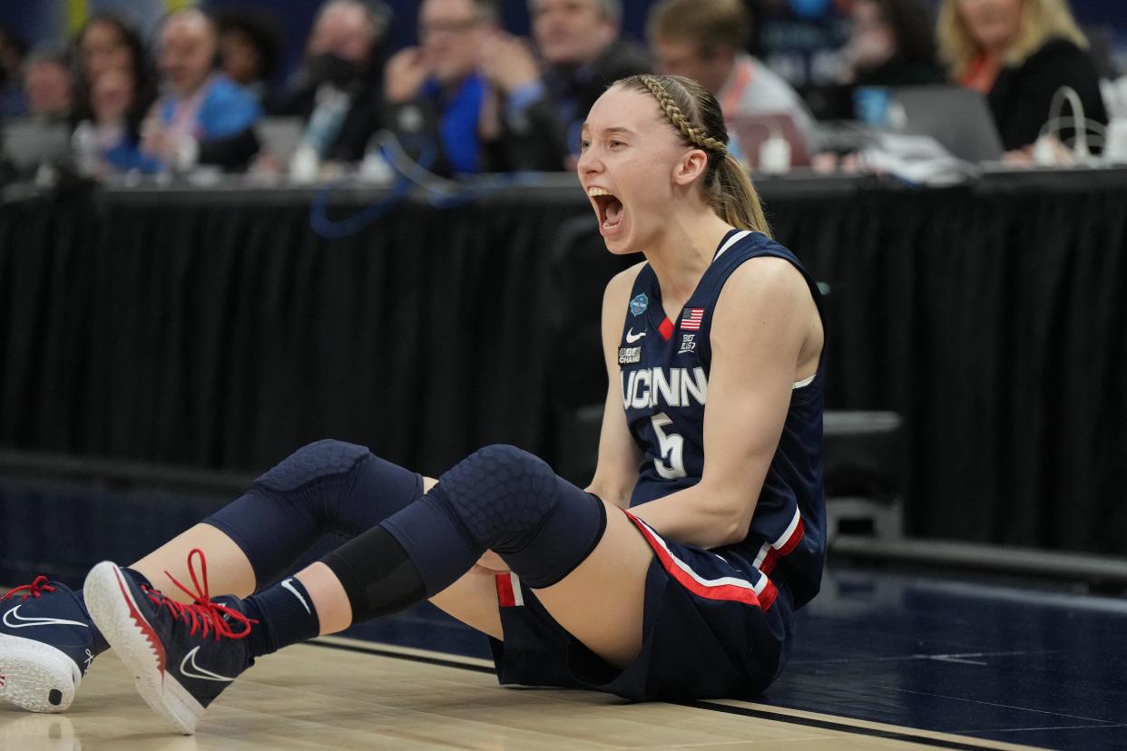 UConn Huskies guard Paige Bueckers reacts during the national semifinal game against Stanford at Target Center in Minneapolis on April 1, 2022. (Kirby Lee/USA TODAY Sports)