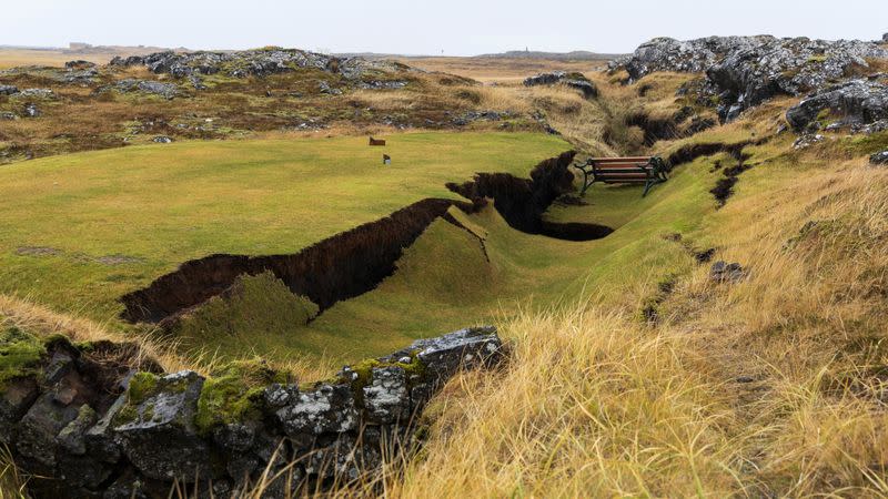 A general view of damage due to volcanic activity at a golf course, in Grindavik