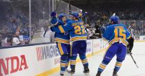 <p><em>Vladimir Tarasenko #91 of the St. Louis Blues celebrates his goal against the Chicago Blackhawks with teammates Kevin Shattenkirk #22 and Robby Fabbri #15 during the 2017 Bridgestone NHL Winter Classic at Busch Stadium on January 2, 2017 in St Louis, Missouri. (Photo by Patrick McDermott/NHLI via Getty Images)</em></p>