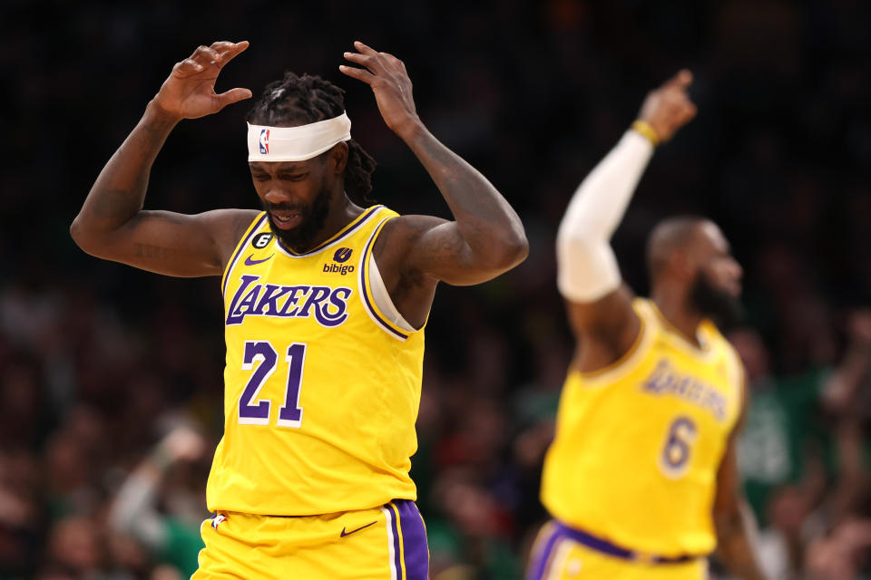 BOSTON, MASSACHUSETTS - JANUARY 28: Patrick Beverley #21 of the Los Angeles Lakers reacts during the fourrth quarter against the Boston Celtics at TD Garden on January 28, 2023 in Boston, Massachusetts. The Celtics defeat the Lakers in overtime 125-121.  (Photo by Maddie Meyer/Getty Images)