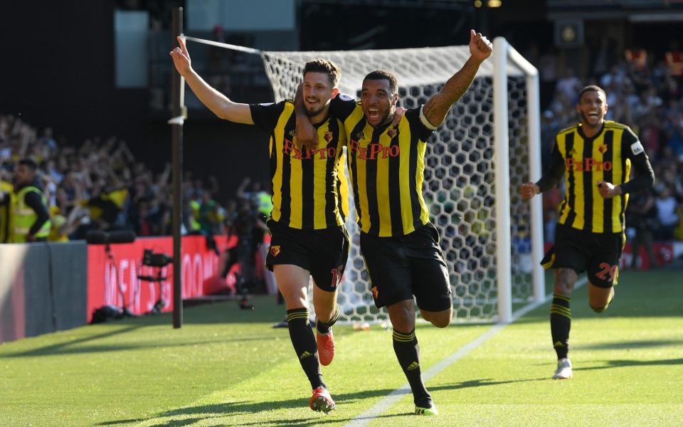 Craig Cathcart of Watford celebrates after scoring his team's second goal with Troy Deeney of Watford during the Premier League match between Watford FC and Tottenham Hotspur at Vicarage Road&nbsp; - Getty Images