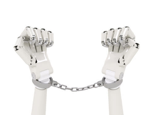 <span class="caption">Off to robojail?</span> <span class="attribution"><a class="link " href="https://www.shutterstock.com/image-photo/chained-robot-concept-209367331?src=_O4F4a-m12RZUnFpahEpjQ-1-67" rel="nofollow noopener" target="_blank" data-ylk="slk:Shutterstock;elm:context_link;itc:0;sec:content-canvas">Shutterstock</a></span>