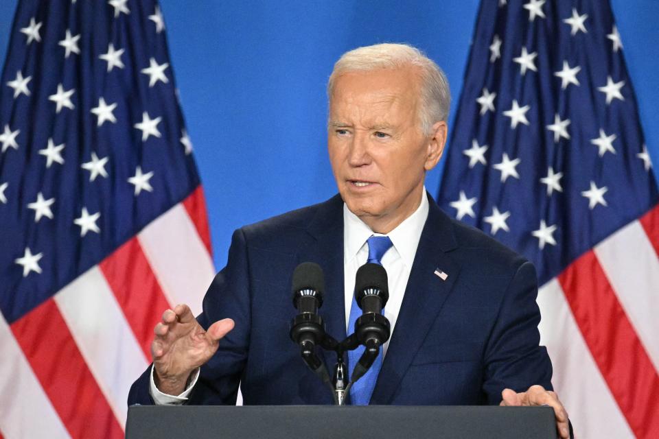President Joe Biden speaks during a press conference at the close of the 75th NATO Summit at the Walter E. Washington Convention Center in Washington, DC on July 11, 2024.