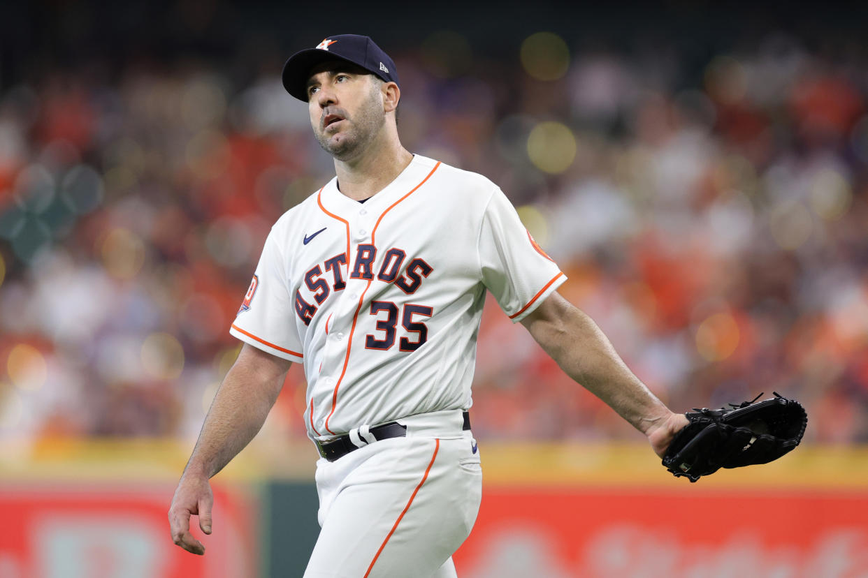 HOUSTON, TEXAS - OCTOBER 11: Justin Verlander #35 of the Houston Astros reacts against the Seattle Mariners during the third inning in game one of the American League Division Series at Minute Maid Park on October 11, 2022 in Houston, Texas. (Photo by Carmen Mandato/Getty Images)