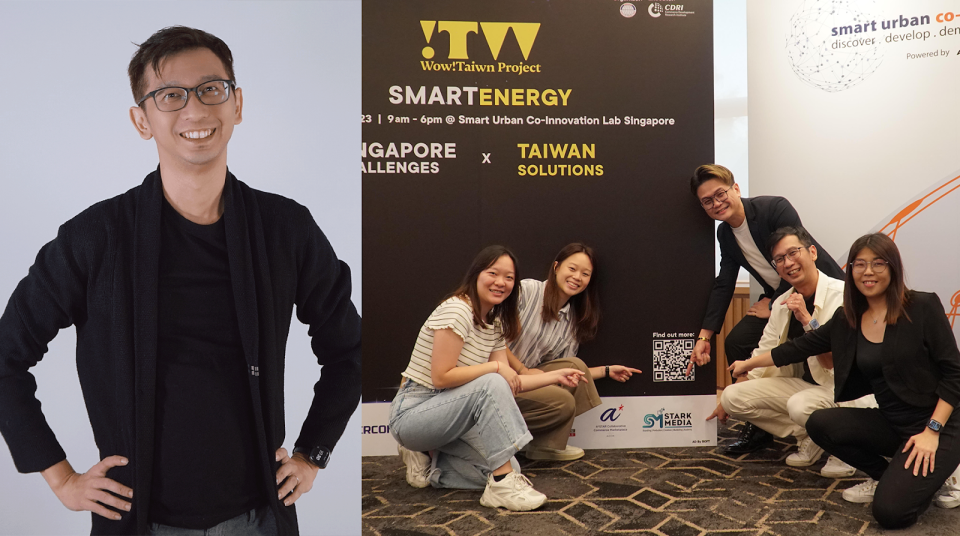 Entrepreneur Desmond Pang in black (left), Pang and his team (right).