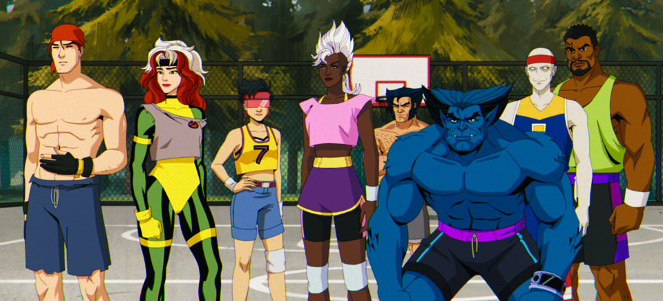 Fan service. Gambit (AJ LoCascio), Rogue (Lenore Zann), Jubilee (Holly Chou), Storm (Alison Sealy-Smith), Wolverine (Cal Dodd), Beast (George Buza), Morph (JP Karliak), and Bishop (Isaac Robinson-Smith) in X-Men '97. (Image: Disney+ & Marvel Animation)