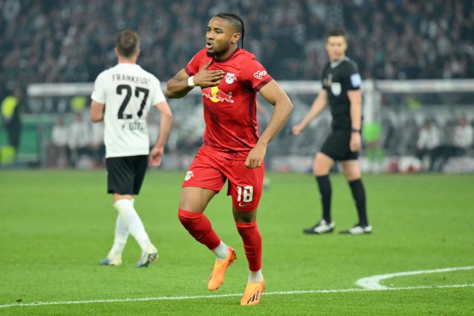 Christopher Nkunku, then of RB Leipzig, celebrates scoring during the DFB Cup final in June (Getty)