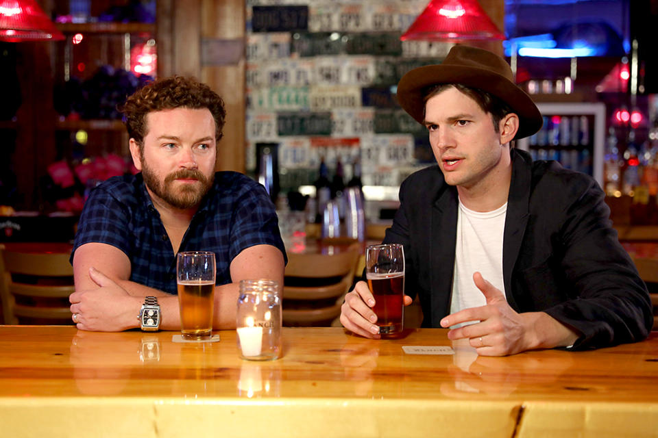 <p>Former <em>That ‘70s Show</em> stars Masterson and Kutcher shared a beer in Nashville. This time it was to promote the new season of their Netflix series, <em>The Ranch: Part 3</em>, but we imagine it doesn’t look much different when they meet up for a drink for fun. (Photo by Anna Webber/Getty Images for Netflix) </p>