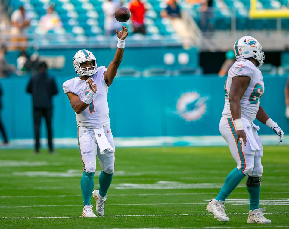 Miami Dolphins quarterback Tua Tagovailoa (1), before start of the game against the Carolina Panthers during NFL game at Hard Rock Stadium Sunday in Miami Gardens. 