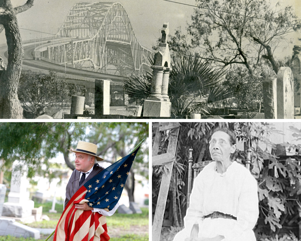 TOP: Old Bayview Cemetery in November 1975. BOTTOM LEFT: Norman Delaney portrayed John Dix during the 2011 Voices of South Texas. BOTTOM RIGHT: Anna Moore Schwein