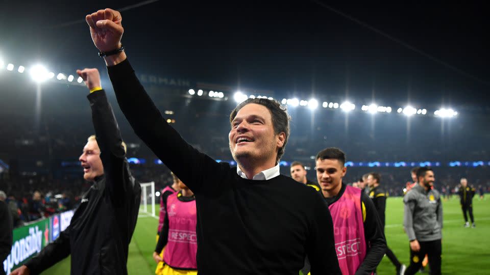 Dortmund manager Edin Terzić was emotional during the closing stages of the match. - Valerio Pennicino/UEFA/Getty Images