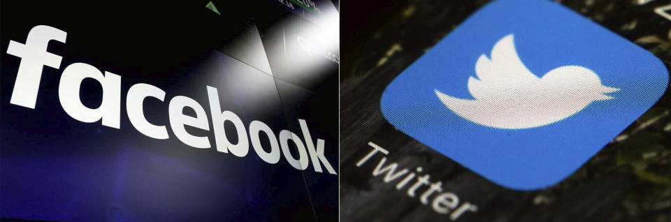 FILE - This combination of photos shows logos for social media platforms Facebook and Twitter. Shares of social media and other tech companies slid Monday, Jan. 11, 2021 amid fallout the siege on the U.S. Capitol by supporters of President Donald Trump's supporters. (AP Photo/File)