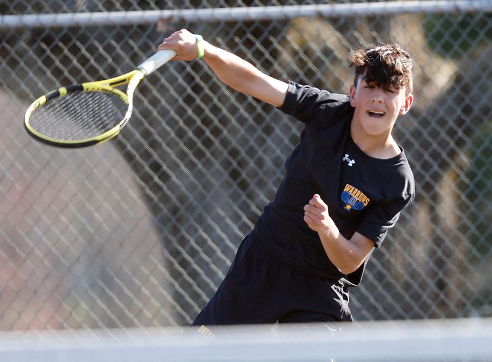Ontario's Hector Sanchez Vidal serves during a second doubles match against Marion Harding High School Thursday, April 13, 2023 at Marshall Park.