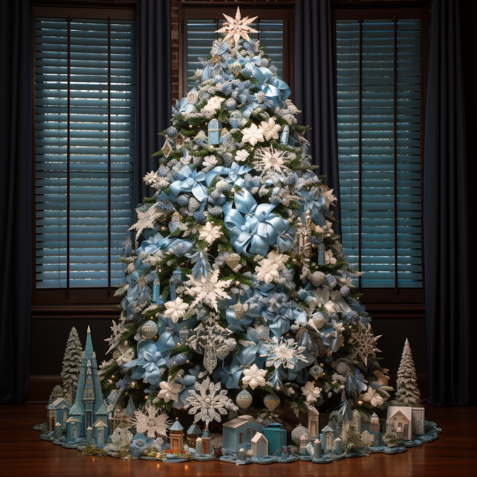 A large Christmas tree with a wintery village underneath it, featuring buildings and snow-covered trees, covered in silver-y lights, ribbons, snowflake ornaments, and a snowflake-like star at the top