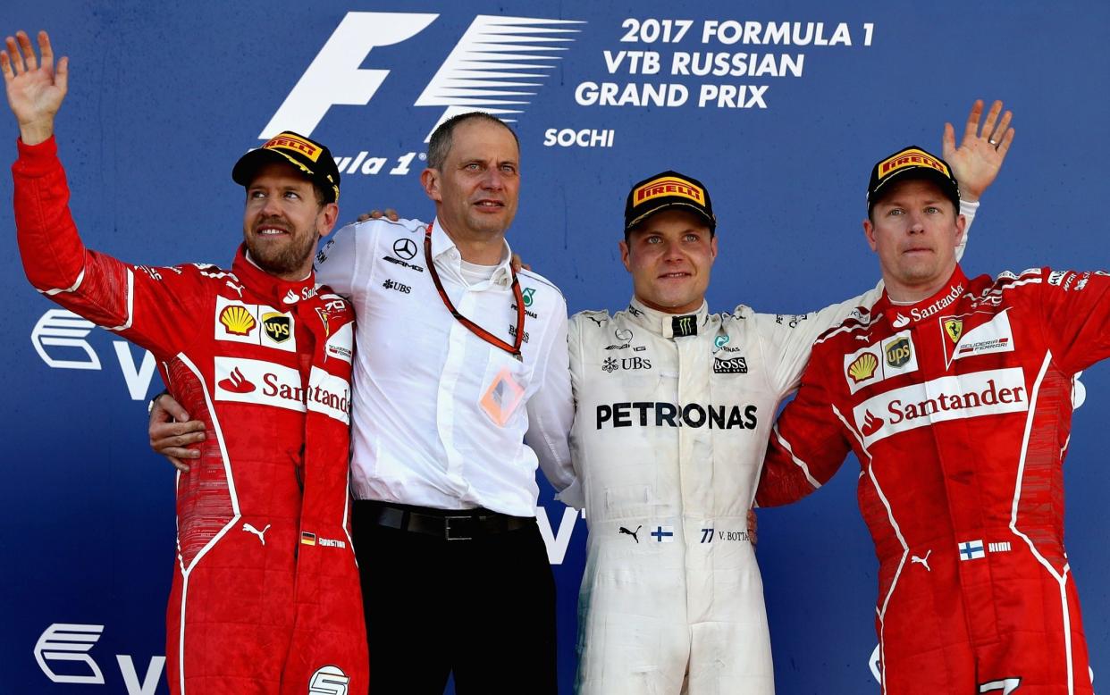 Valtteri Bottas celebrates victory ahead of Ferrari duo Sebastian Vettel and Kimi Raikkonen - Getty Images Europe