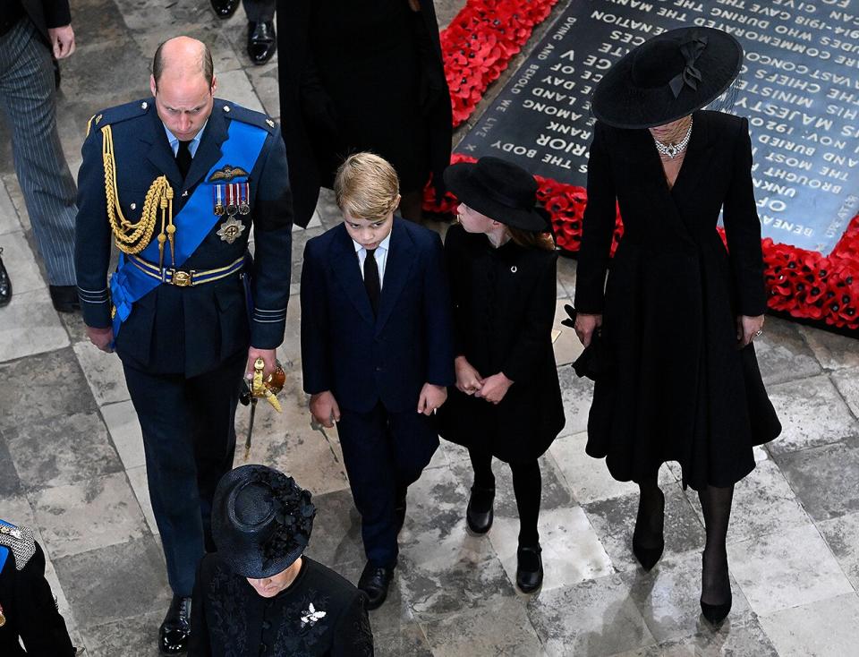 Prince William, Prince of Wales, Prince George, Prince of Wales, Princess Charlotte of Wales and Catherine, Princess of Wales depart Westminster Abbey during the State Funeral of Queen Elizabeth II on September 19, 2022 in London, England. Elizabeth Alexandra Mary Windsor was born in Bruton Street, Mayfair, London on 21 April 1926. She married Prince Philip in 1947 and ascended the throne of the United Kingdom and Commonwealth on 6 February 1952 after the death of her Father, King George VI. Queen Elizabeth II died at Balmoral Castle in Scotland on September 8, 2022, and is succeeded by her eldest son, King Charles III