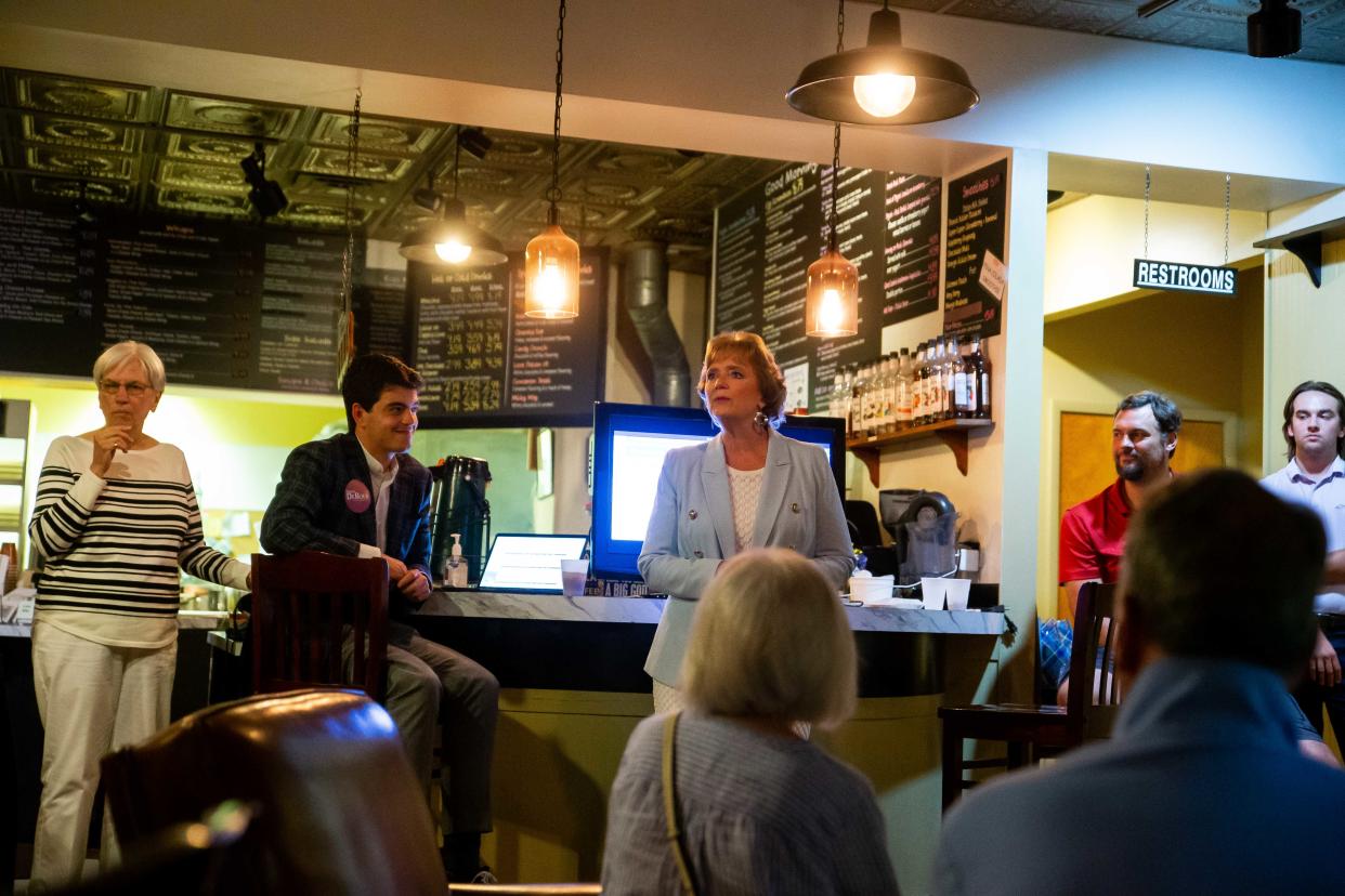 Nancy DeBoer, a candidate for Michigan's 86 house district, gives her victory speech as results come in from Michigan's August primary Tuesday, Aug. 2, 2022, at Good Earth Cafe in downtown Holland.