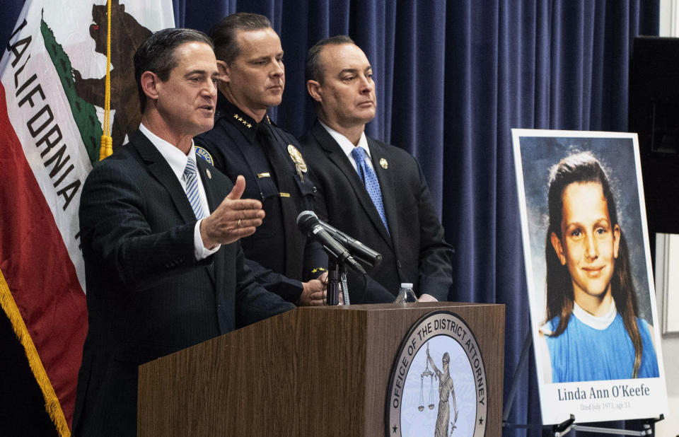 Orange County District Attorney Todd Spitzer speaks during a news conference at the OCDA's office in Santa Ana, Calif., Wednesday, Feb. 20, 2019. Cold case detectives have arrested suspects in the separate Southern California murders of a girl in 1973 and a boy in 1990, authorities said Wednesday. Both victims disappeared while walking home from school. (Paul Bersebach/The Orange County Register via AP)