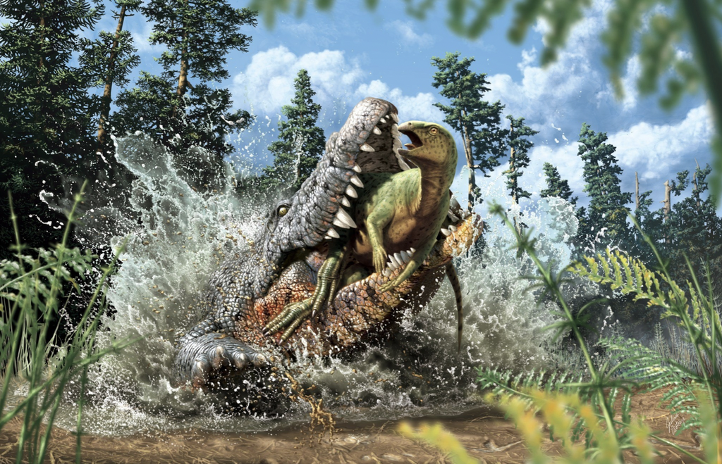 Reconstruction shows last moments of juvenile ornithopod dinosaur in the jaws of a Cretaceous crocodilian (Illustration by Julius Csotonyi)