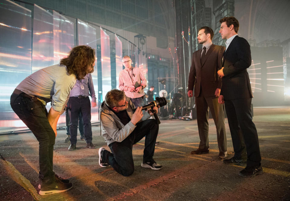 Director Christopher McQuarrie, Henry Cavill and Tom Cruise on the set of Mission: Impossible - Fallout (Credit: Paramount)