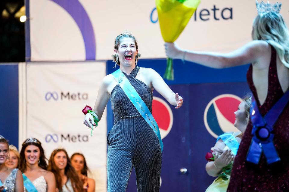 Madison County's Addie Burkett reacts after receiving the Personality Plus Award during the annual Iowa State Fair Queen competition.