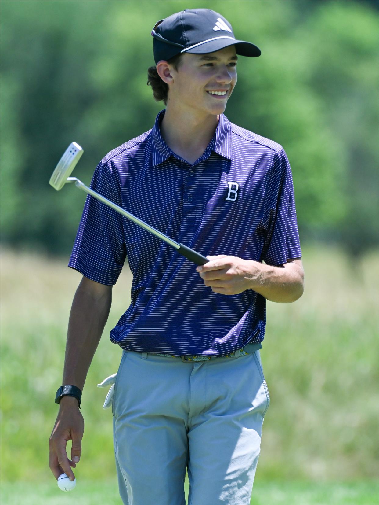 Bloomington South’s Happy Gilmore reacts after a shot during the boys’ IHSAA golf state finals at Prairie View Golf Club in Carmel, Ind. on Wednesday, June 12, 2024.