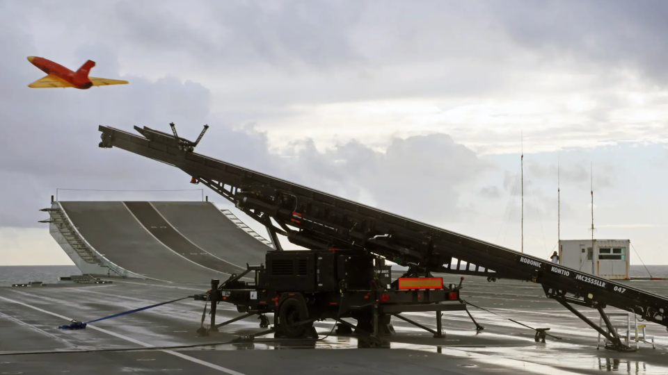 A Banshee drone is fired from a catapult launcher on the deck of HMS <em>Prince of Wales</em> during a previous demonstration. <em>Crown Copyright</em>