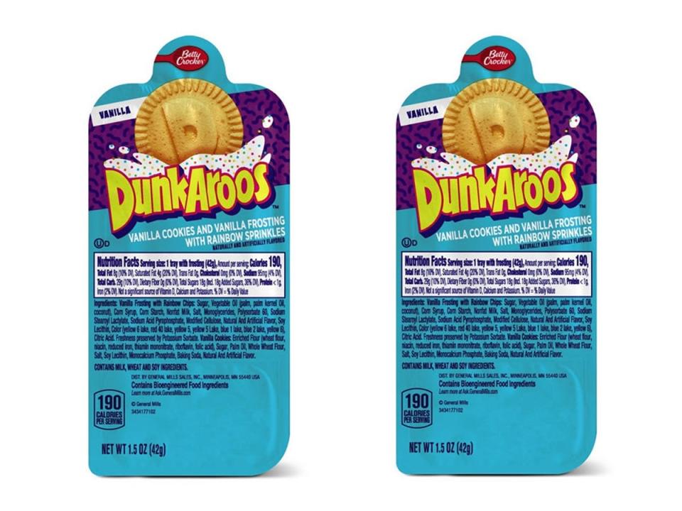 Aldi photos of blue and purple package of Dunkaroos against white background