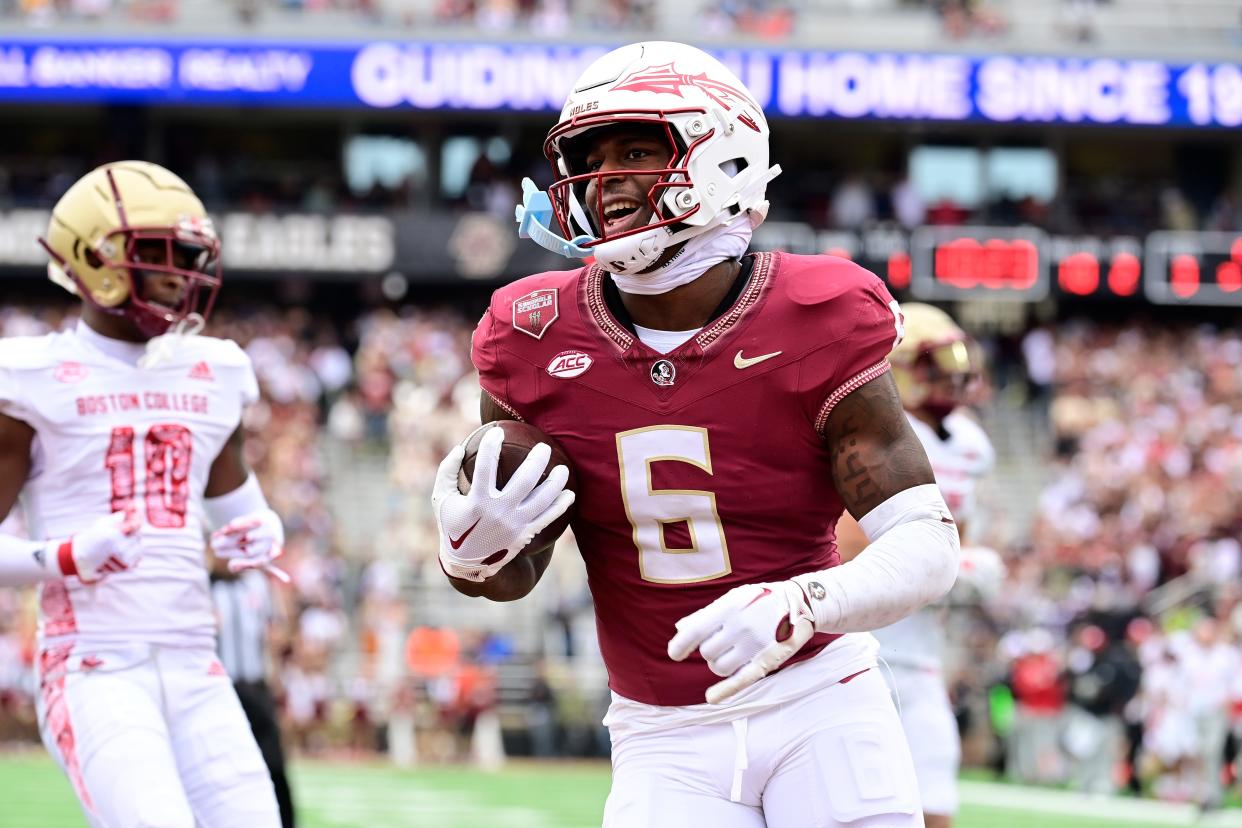 Sep 16, 2023; Chestnut Hill, Massachusetts, USA; Florida State Seminoles tight end Jaheim Bell (6) runs into the end zone for a touchdown against the Boston College Eagles during the first half at Alumni Stadium. Mandatory Credit: Eric Canha-USA TODAY Sports