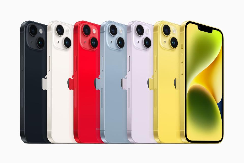 Apple's iPhone 14 and iPhone 14 plus color range, including a new yellow shade.