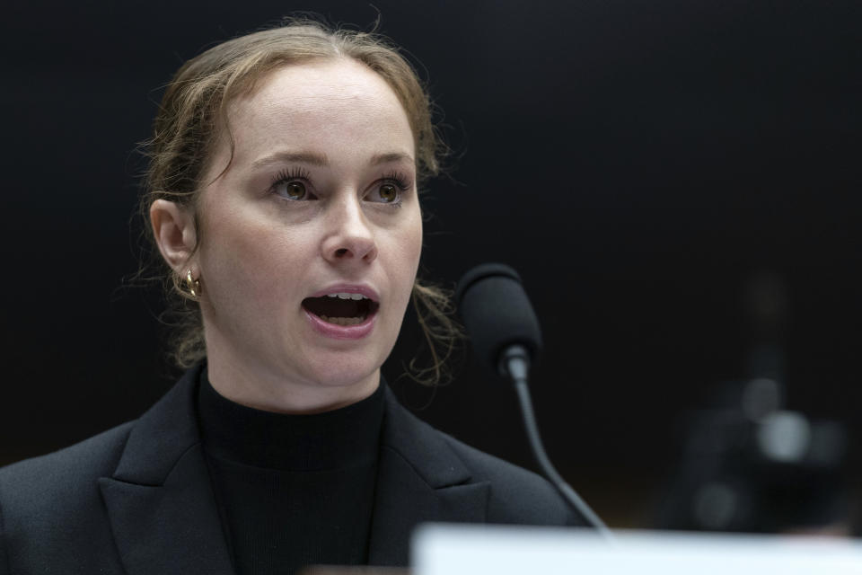 Grace French, President and founder of The Army of Survivors, testifies during The Commission on the State of U.S. Olympics and Paralympics hearing on Capitol Hill in Washington, Wednesday, Sept. 6, 2023. (AP Photo/Jose Luis Magana)