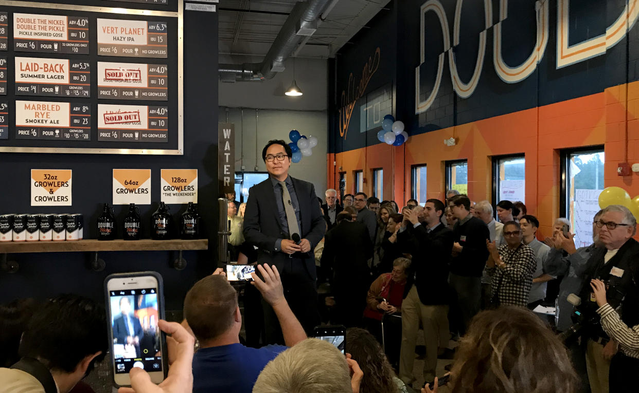 Democrat Andy Kim rallies supporters at the Double Nickel brewery in Pennsauken, N.J. (Photo: Andrew Romano/Yahoo News)