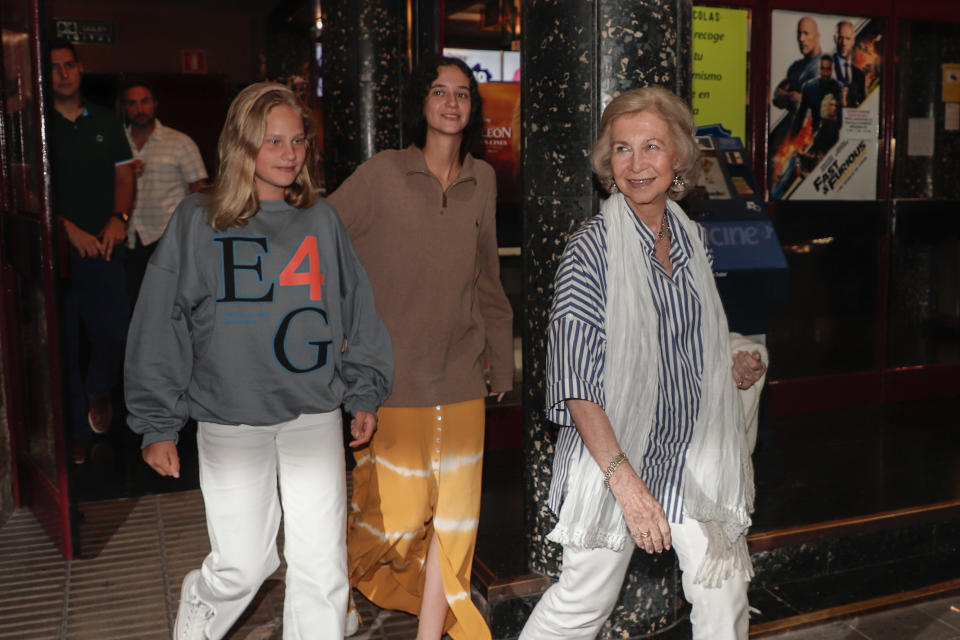 PALMA DE MALLORCA, SPAIN - JULY 30: Queen Sofia, Victoria Federica de Marichalar and Irene Urdangarin leave the Rivoli cinema on July 30, 2019 in Palma de Mallorca, Spain. (Photo by Europa Press Entertainment/Europa Press via Getty Images)