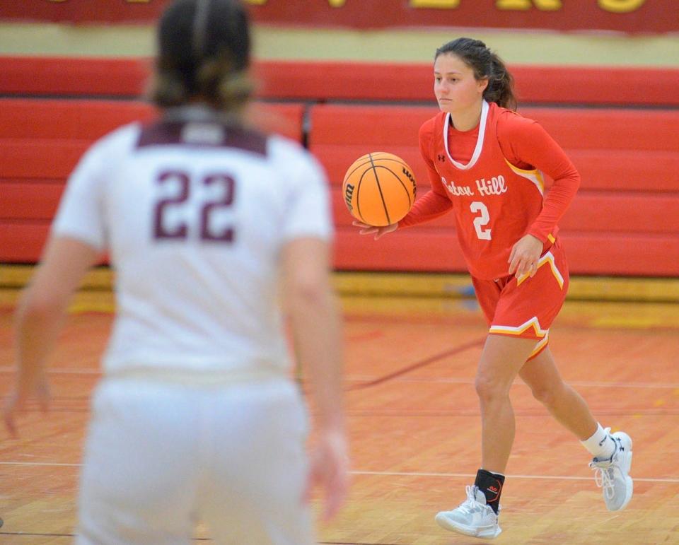 Seton Hill guard Christiane Frye, a Central Valley graduate, brings the ball up the court during a home game in PSAC play this season.