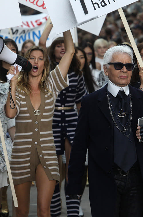 Bundchen trailed the legendary Karl Lagerfeld in the runway finale for the Chanel spring/summer 2015 fashion show in Paris.