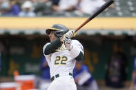 Oakland Athletics' Ramon Laureano hits a home run against the Toronto Blue Jays during the sixth inning of a baseball game in Oakland, Calif., Wednesday, July 6, 2022. (AP Photo/Jeff Chiu)